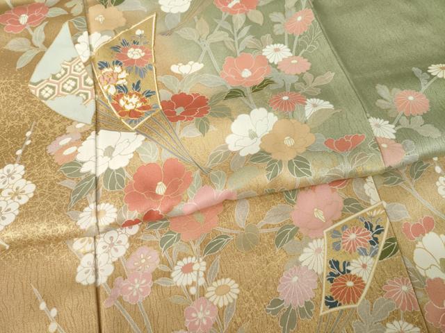 平和屋着物●訪問着　駒刺繍　扇面花文　暈し染め　金彩　正絹　逸品　AABJ5784ck