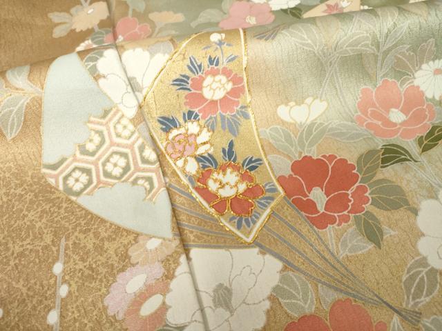 平和屋着物●訪問着　駒刺繍　扇面花文　暈し染め　金彩　正絹　逸品　AABJ5784ck