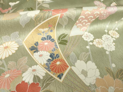 平和屋着物●訪問着　駒刺繍　扇面花文　暈し染め　金彩　正絹　逸品　AABJ5784ck