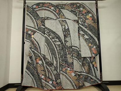 平和屋着物●豪華振袖　総絞り　立波花文　黒地　正絹　逸品　AABJ5795ck