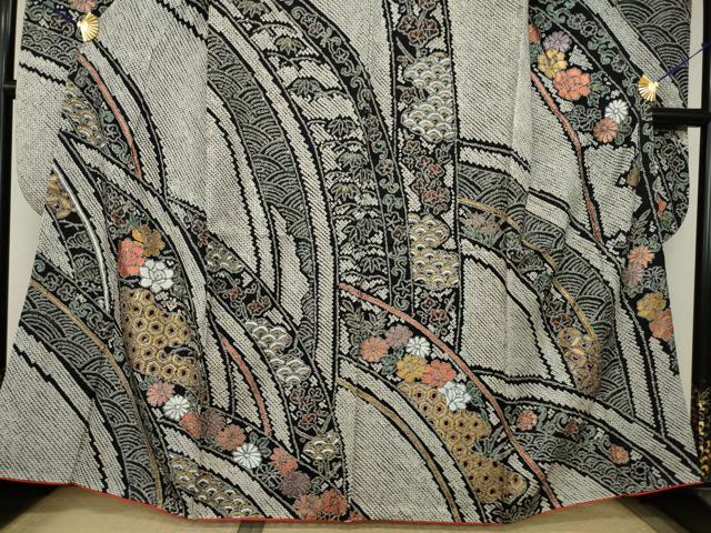 平和屋着物●豪華振袖　総絞り　立波花文　黒地　正絹　逸品　AABJ5795ck