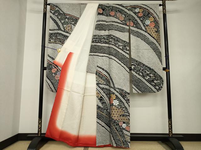 平和屋着物●豪華振袖　総絞り　立波花文　黒地　正絹　逸品　AABJ5795ck