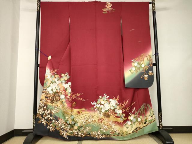 平和屋着物●豪華振袖　駒刺繍　花車文　暈し染め　金彩　正絹　逸品　AABJ5799ck