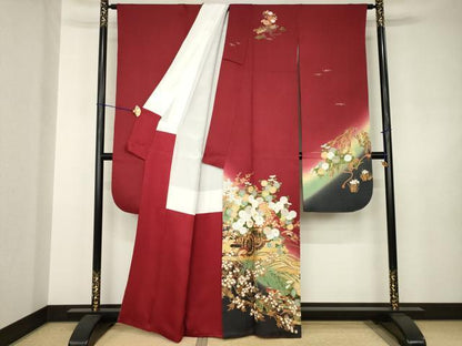平和屋着物●豪華振袖　駒刺繍　花車文　暈し染め　金彩　正絹　逸品　AABJ5799ck