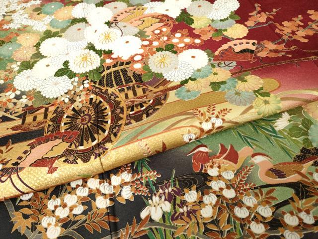 平和屋着物●豪華振袖　駒刺繍　花車文　暈し染め　金彩　正絹　逸品　AABJ5799ck