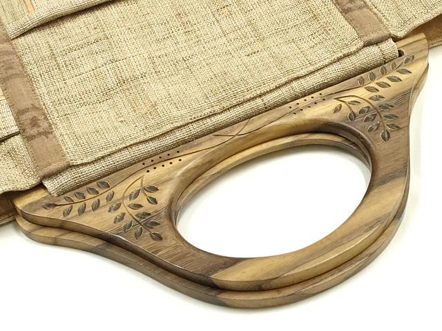 平和屋着物＊夏物　和装小物　和装バッグ　ハンドバッグ　木製ハンドル　麻　逸品　AABJ5847ay