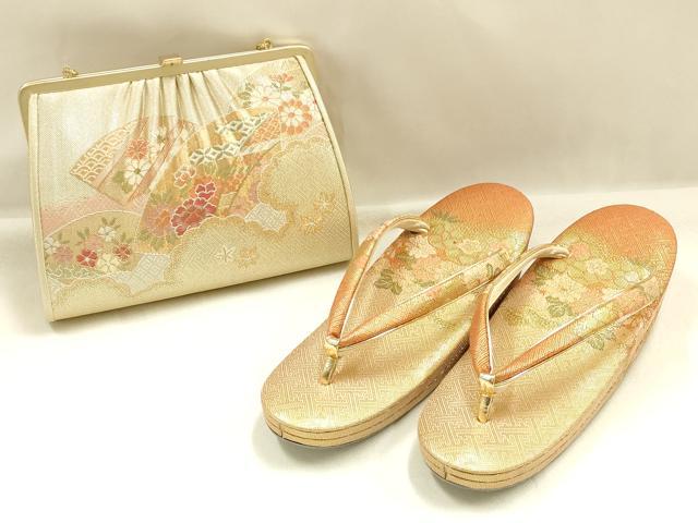 平和屋着物▼和装小物　和装バッグ・草履セット　佐賀錦　ハンドバッグ　クラッチバッグ　花柄　金糸　逸品　AABJ5852ay