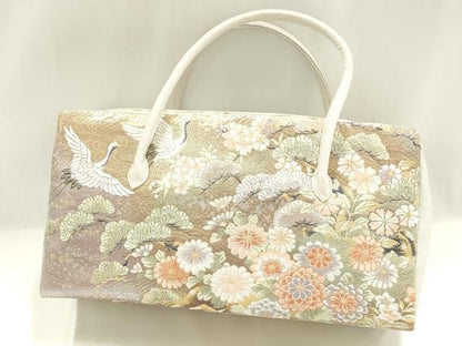 平和屋着物▼和装小物　和装バッグ　ハンドバッグ　利休バッグ　飛鶴風景花文　松　金銀糸　帯地使用　逸品　AABJ5872ay