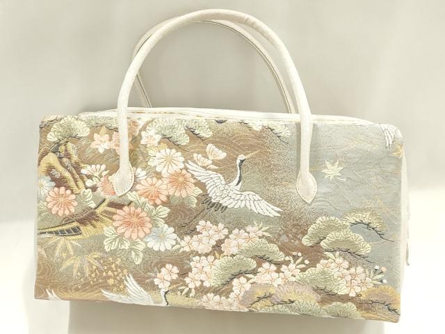 平和屋着物▼和装小物　和装バッグ　ハンドバッグ　利休バッグ　飛鶴風景花文　松　金銀糸　帯地使用　逸品　AABJ5872ay
