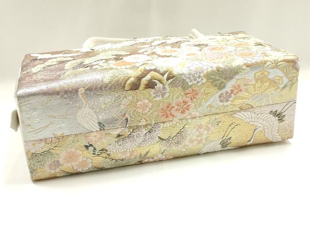 平和屋着物▼和装小物　和装バッグ　ハンドバッグ　利休バッグ　飛鶴風景花文　松　金銀糸　帯地使用　逸品　AABJ5872ay