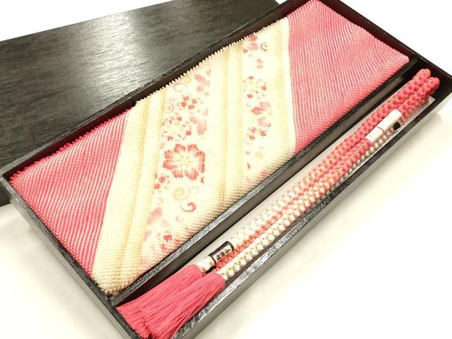 平和屋本店●和装小物　振袖用帯締め・帯揚げセット　総絞り　花唐草　金糸　金彩　暈し　撚り房　逸品　未使用　AABJ5893ay