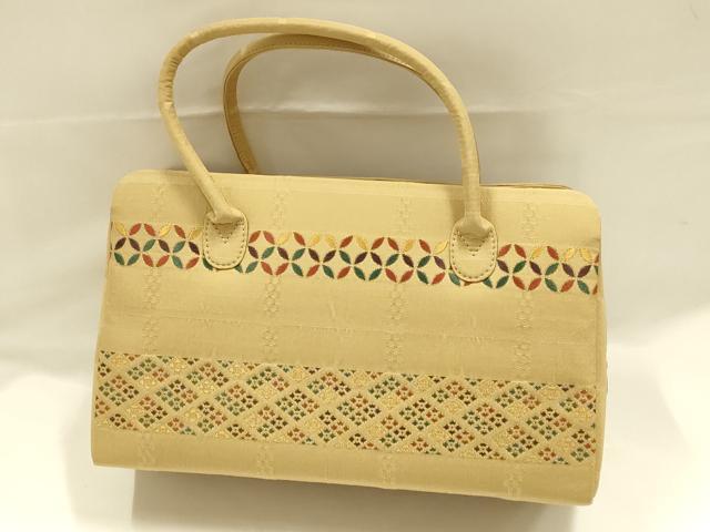 平和屋着物●和装小物　和装バッグ　BOLAINE　ハンドバッグ　利休バッグ　吉祥柄　七宝　花菱　金糸　逸品　未使用　AABJ5980ay