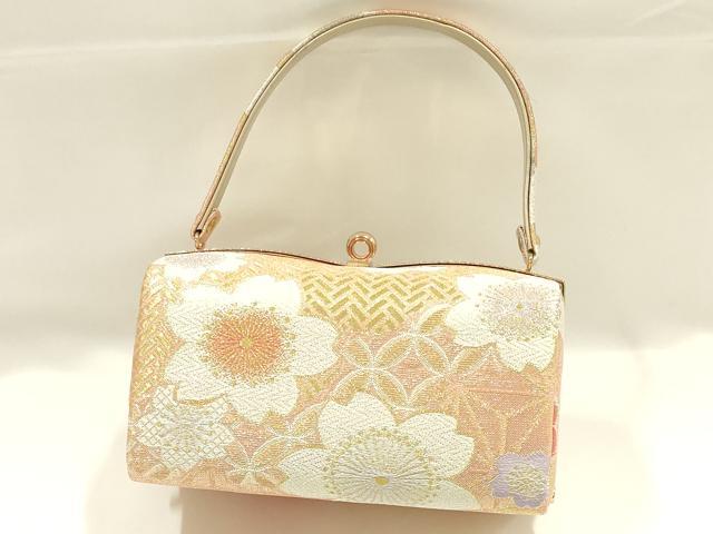 平和屋着物●和装小物　和装バッグ　佐賀錦　ハンドバッグ　花柄　金銀糸　帯地使用　逸品　AABJ5984ay