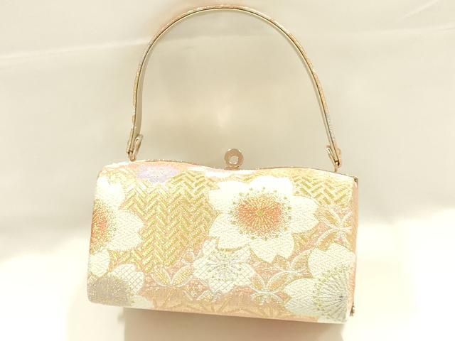 平和屋着物●和装小物　和装バッグ　佐賀錦　ハンドバッグ　花柄　金銀糸　帯地使用　逸品　AABJ5984ay