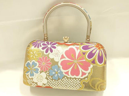 平和屋着物●和装小物　和装バッグ　ハンドバッグ　花柄　金糸　帯地使用　逸品　AABJ5994ay