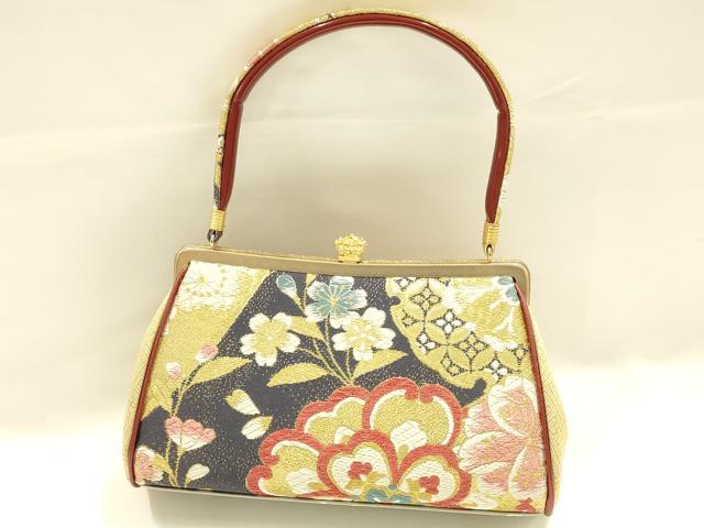 平和屋着物●和装小物　和装バッグ　ハンドバッグ　花柄　雪輪　金糸　帯地使用　逸品　AABJ5996ay