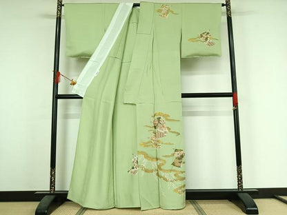 平和屋着物▽訪問着　単衣　駒刺繍　几帳文　金彩　正絹　逸品　AABJ6001jh