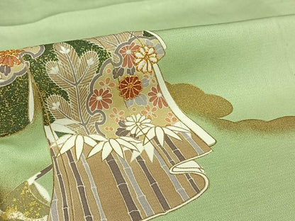 平和屋着物▽訪問着　単衣　駒刺繍　几帳文　金彩　正絹　逸品　AABJ6001jh