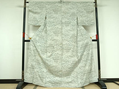 平和屋着物▽上質な紬　単衣　風景文　正絹　逸品　AABJ6007jh