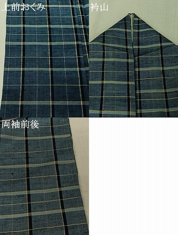 平和屋着物▽上質な紬　単衣　格子　正絹　逸品　AABJ6009jh