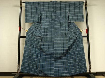 平和屋着物▽上質な紬　単衣　格子　正絹　逸品　AABJ6009jh