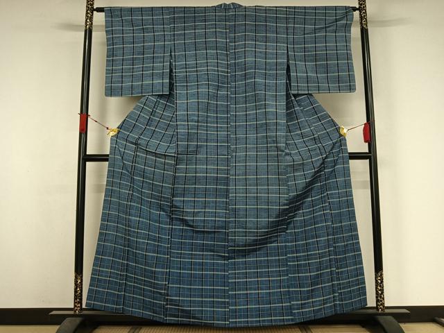 平和屋着物▽上質な紬　単衣　格子　正絹　逸品　AABJ6009jh