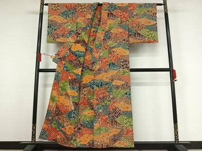 平和屋着物▽上質な小紋　単衣　型染め　切嵌吉祥花文　正絹　逸品　AABJ6016jh