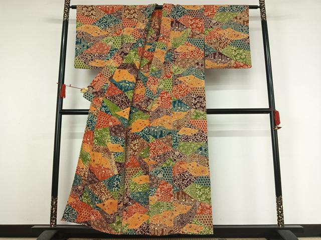 平和屋着物▽上質な小紋　単衣　型染め　切嵌吉祥花文　正絹　逸品　AABJ6016jh