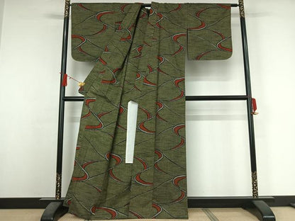 平和屋着物▽上質な紬　単衣　流水文　正絹　逸品　AABJ6019jh