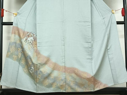 平和屋着物▽訪問着　単衣　中国三大刺繍　汕頭刺繍　スワトウ刺繍　花車文　暈し染め　金糸　金彩　正絹　逸品　AABJ6020jh