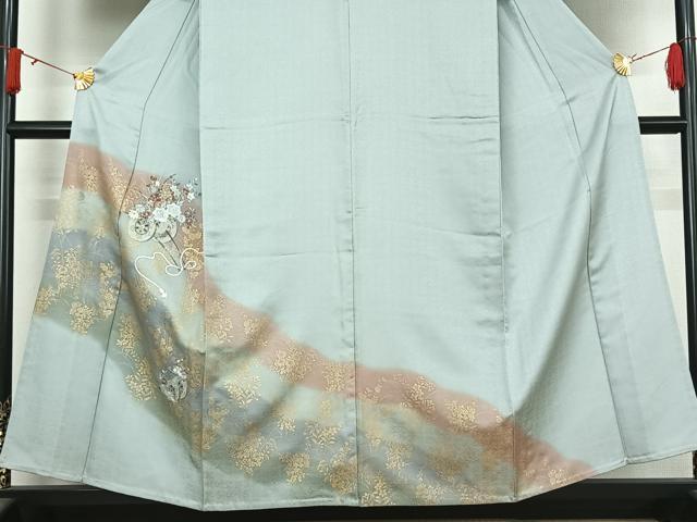 平和屋着物▽訪問着　単衣　中国三大刺繍　汕頭刺繍　スワトウ刺繍　花車文　暈し染め　金糸　金彩　正絹　逸品　AABJ6020jh