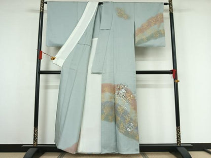 平和屋着物▽訪問着　単衣　中国三大刺繍　汕頭刺繍　スワトウ刺繍　花車文　暈し染め　金糸　金彩　正絹　逸品　AABJ6020jh