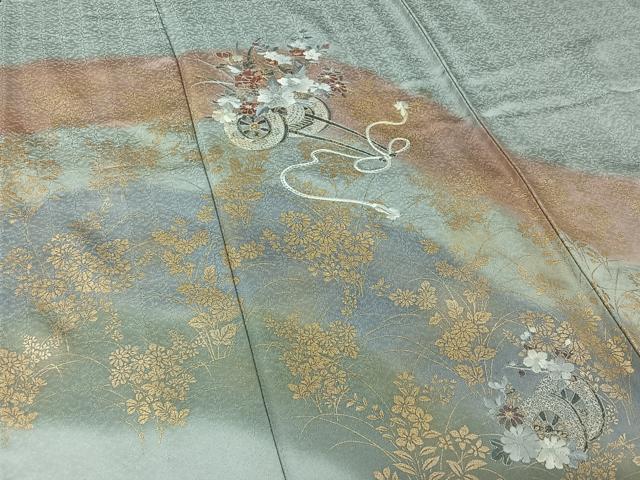 平和屋着物▽訪問着　単衣　中国三大刺繍　汕頭刺繍　スワトウ刺繍　花車文　暈し染め　金糸　金彩　正絹　逸品　AABJ6020jh