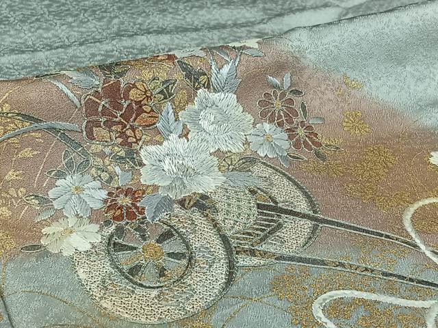 平和屋着物▽訪問着　単衣　中国三大刺繍　汕頭刺繍　スワトウ刺繍　花車文　暈し染め　金糸　金彩　正絹　逸品　AABJ6020jh