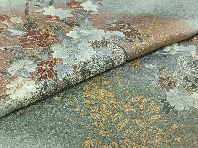 平和屋着物▽訪問着　単衣　中国三大刺繍　汕頭刺繍　スワトウ刺繍　花車文　暈し染め　金糸　金彩　正絹　逸品　AABJ6020jh