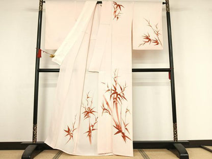 平和屋着物▽訪問着　単衣　手描き　笹竹文　銀彩　正絹　逸品　AABJ6025jh