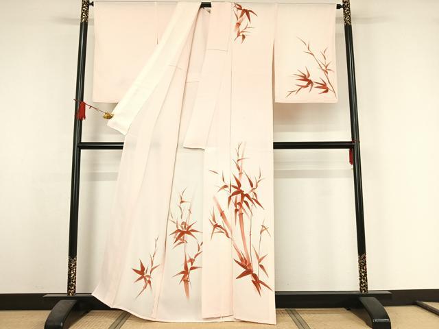 平和屋着物▽訪問着　単衣　手描き　笹竹文　銀彩　正絹　逸品　AABJ6025jh