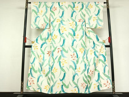 平和屋着物▽上質な小紋　単衣　地紋起こし　草葉文　正絹　逸品　AABJ6026jh