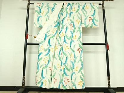 平和屋着物▽上質な小紋　単衣　地紋起こし　草葉文　正絹　逸品　AABJ6026jh