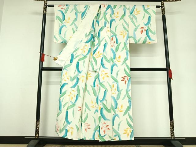 平和屋着物▽上質な小紋　単衣　地紋起こし　草葉文　正絹　逸品　AABJ6026jh