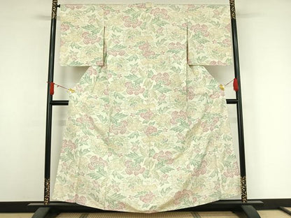 平和屋着物▽上質な紬　単衣　草花文　正絹　逸品　AABJ6027jh