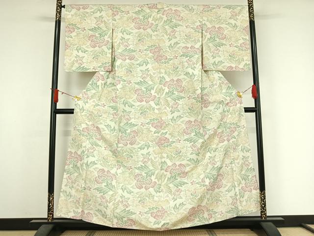 平和屋着物▽上質な紬　単衣　草花文　正絹　逸品　AABJ6027jh