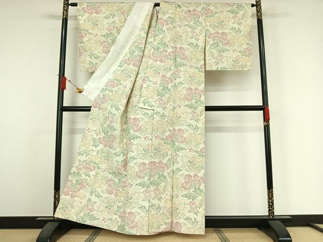 平和屋着物▽上質な紬　単衣　草花文　正絹　逸品　AABJ6027jh
