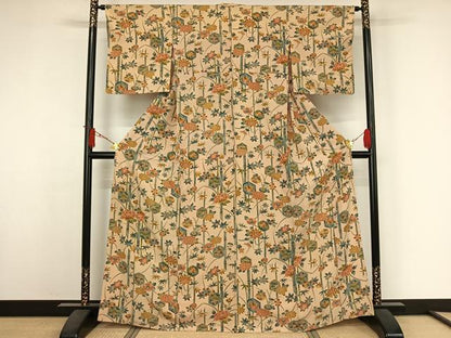 平和屋着物▽上質な小紋　単衣　笹竹花蝶文　金彩　正絹　逸品　AABJ6029jh