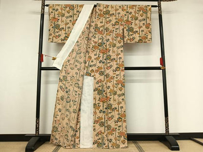 平和屋着物▽上質な小紋　単衣　笹竹花蝶文　金彩　正絹　逸品　AABJ6029jh