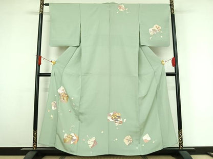 平和屋着物▽訪問着　単衣　駒刺繍　色紙花文　金銀彩　正絹　逸品　AABJ6032jh