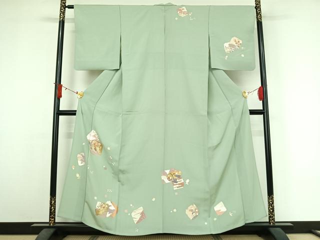 平和屋着物▽訪問着　単衣　駒刺繍　色紙花文　金銀彩　正絹　逸品　AABJ6032jh