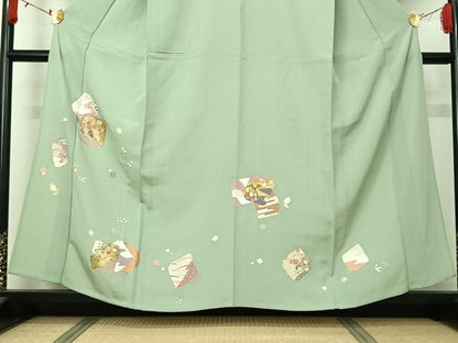 平和屋着物▽訪問着　単衣　駒刺繍　色紙花文　金銀彩　正絹　逸品　AABJ6032jh