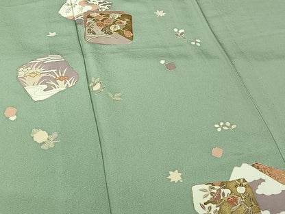 平和屋着物▽訪問着　単衣　駒刺繍　色紙花文　金銀彩　正絹　逸品　AABJ6032jh