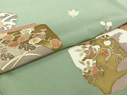平和屋着物▽訪問着　単衣　駒刺繍　色紙花文　金銀彩　正絹　逸品　AABJ6032jh
